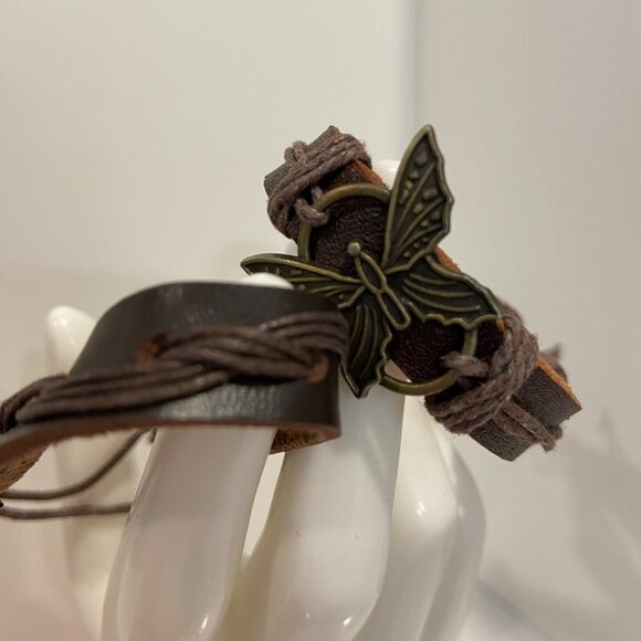 Boho Leather & Cord Butterfly Charm 2 set Bracelets genuine leather brown nature - Picture 6 of 13
